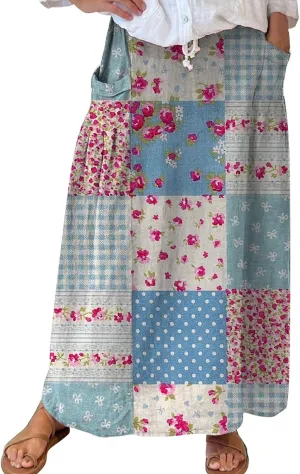 Flowy Long Maxi Skirts for Women Boho Floral Elastic High Waisted Tiered Pleated Summer Casual Beach Skirt