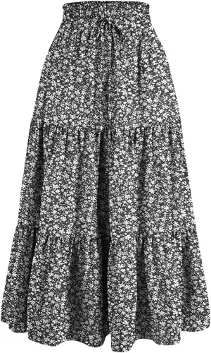 Flowy Long Summer Skirts Women Boho Floral Elastic High Waist Tiered Pleated Casual Beach Maxi Skirt
