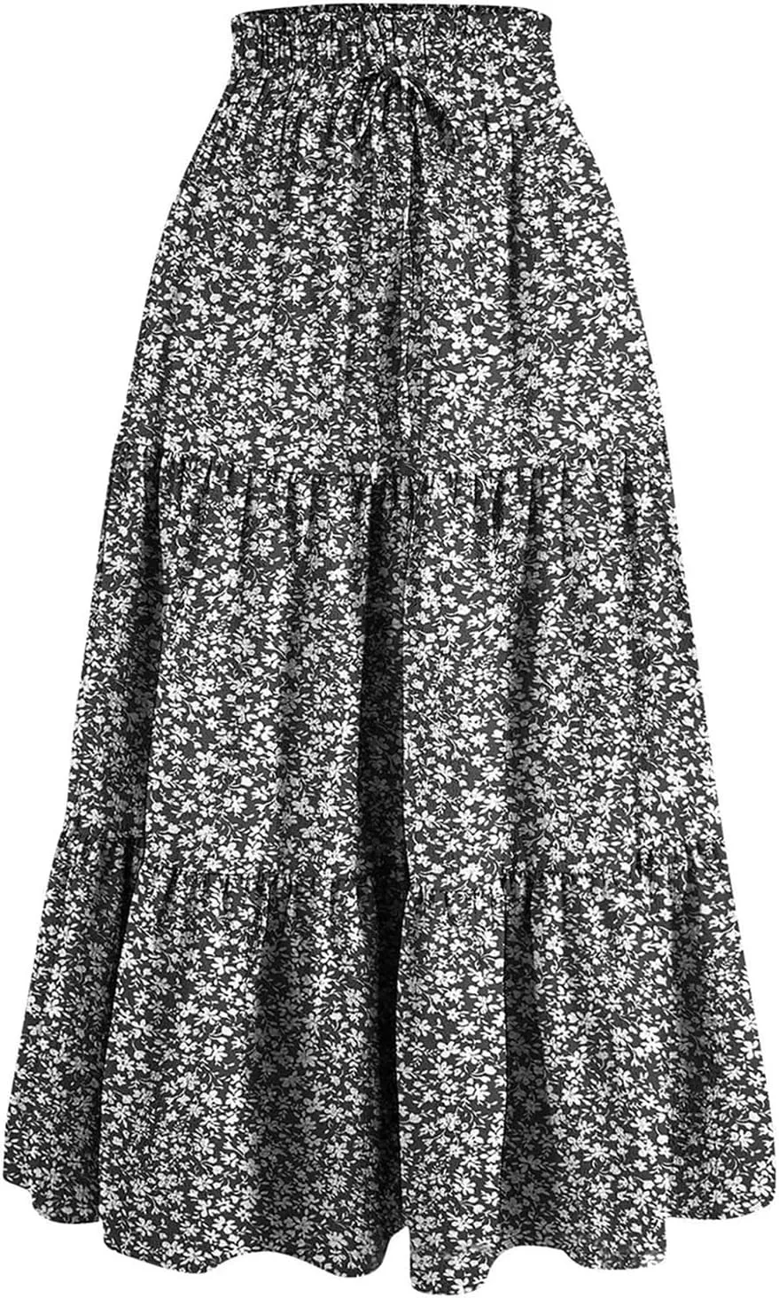 Flowy Long Summer Skirts Women Boho Floral Elastic High Waist Tiered Pleated Casual Beach Maxi Skirt