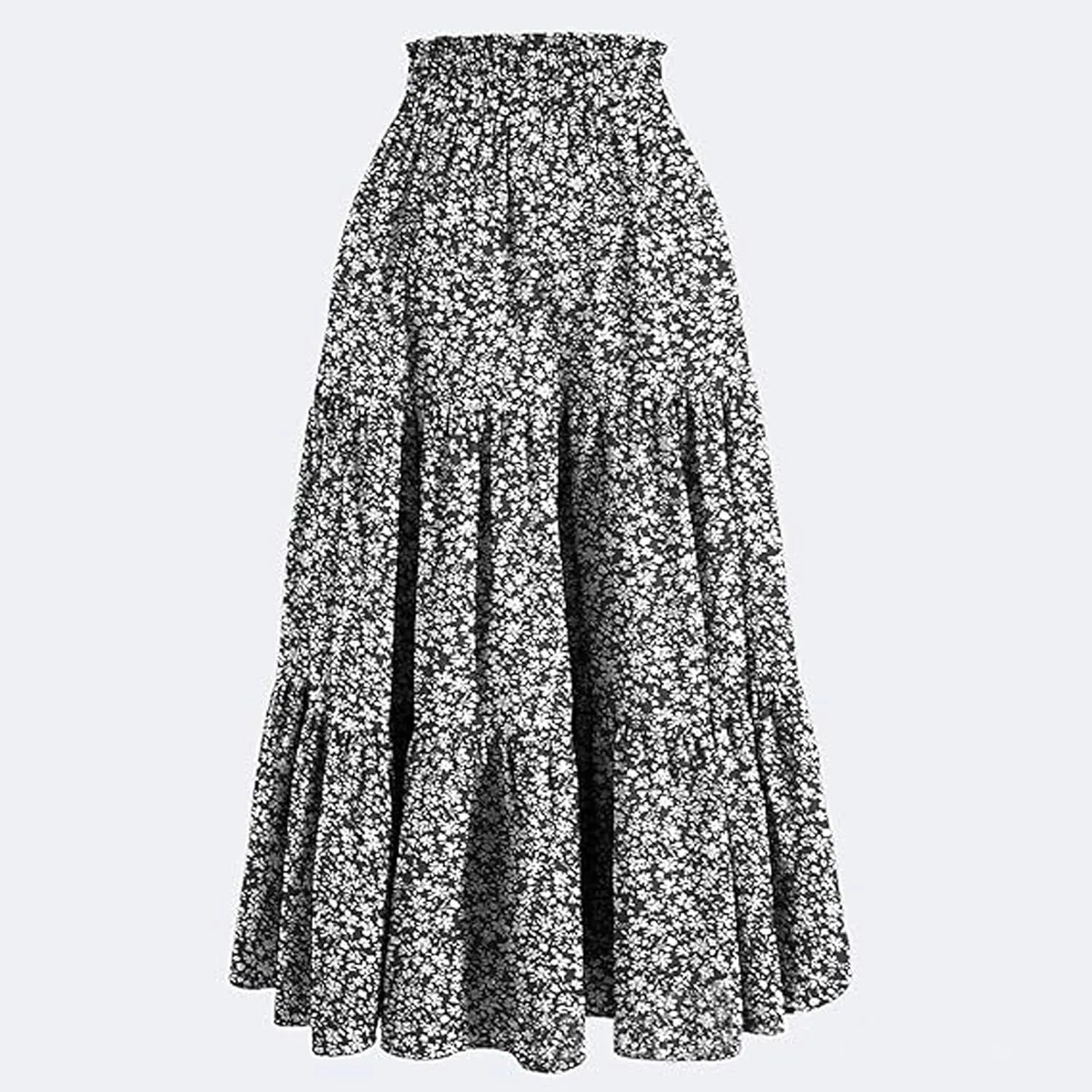 Flowy Long Summer Skirts Women Boho Floral Elastic High Waist Tiered Pleated Casual Beach Maxi Skirt