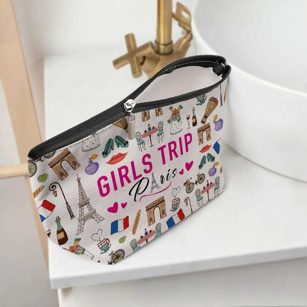 France Paris Girls Trip Makeup Bag, Paris Souvenir Lovers Gift Travel Vacation Cosmetic Bag for Women Bestie Sister Mom Girls Weekend Birthday Weekend Bachelorette Party Friendship
