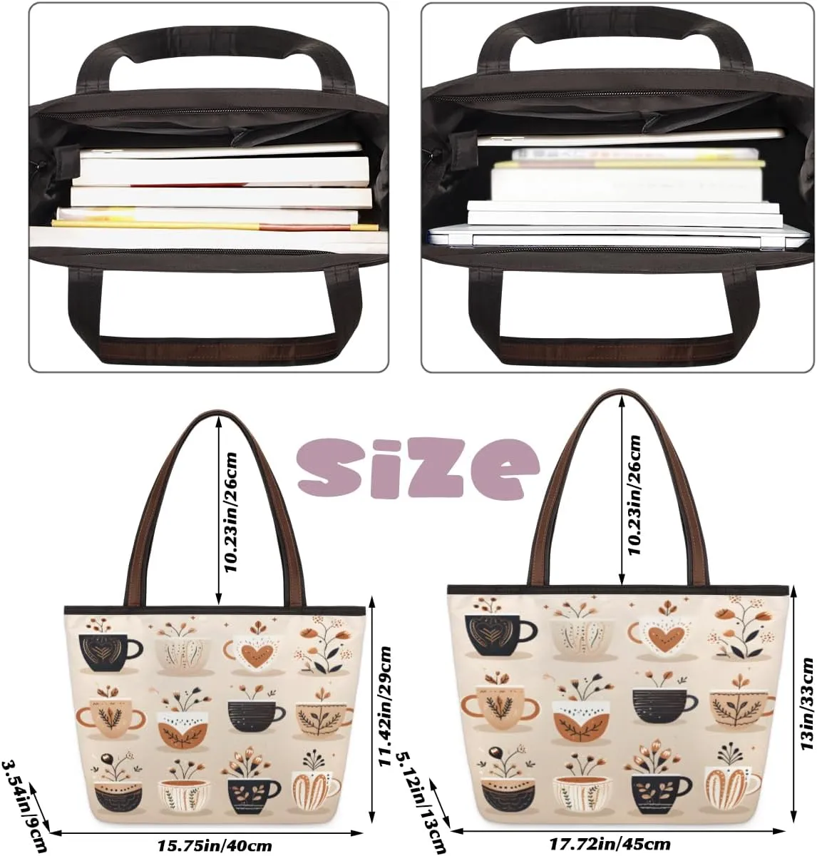 Fruit Peach Print Tote Bag with Zipper 15 Inch Canvas Tote Bag for Women Shoulder Handbag