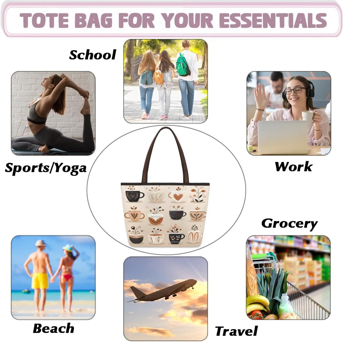 Fruit Peach Print Tote Bag with Zipper 15 Inch Canvas Tote Bag for Women Shoulder Handbag