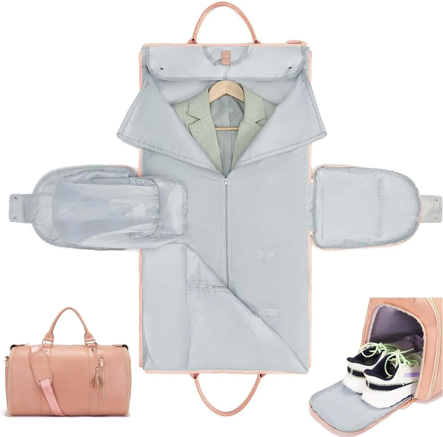 Garment Duffle Bags for Travel, Convertible Carry On Garment Bag, Foldable Garment Duffle Bag, Large PU Leather Duffle Bag for Women, Waterproof Garment Bags for Travel with Shoe Pouch-Pink