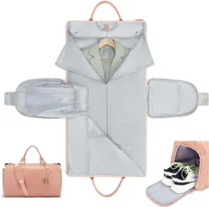Garment Duffle Bags for Travel, Convertible Carry On Garment Bag, Foldable Garment Duffle Bag, Large PU Leather Duffle Bag for Women, Waterproof Garment Bags for Travel with Shoe Pouch-Pink