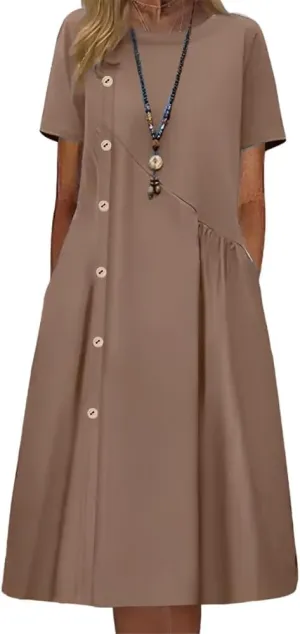 Geleglaer Women's Casual Loose Half Sleeve Cotton Linen Midi Dress Summer Side Button Beach Sundresses for Women 2025