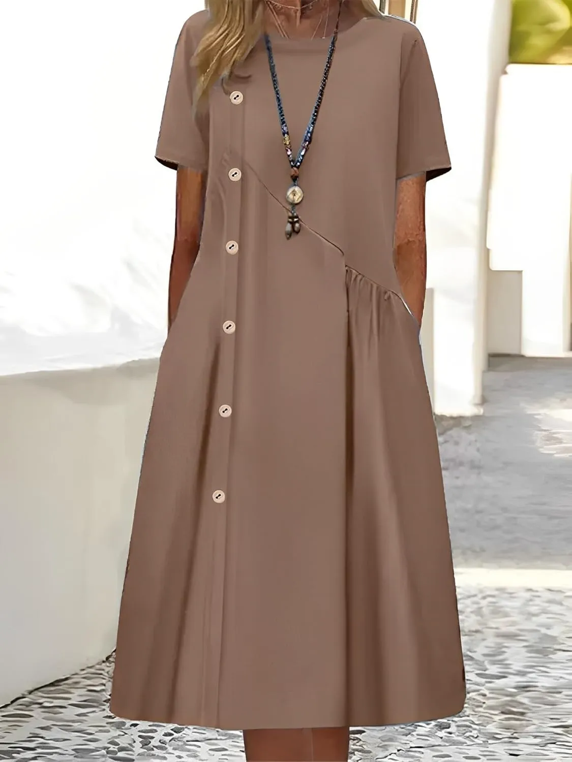Geleglaer Women's Casual Loose Half Sleeve Cotton Linen Midi Dress Summer Side Button Beach Sundresses for Women 2025
