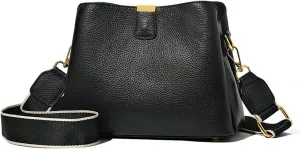 Genuine Leather Women Bucket Shoulder Bag Female Handbag Wide Strap Ladies Crossbody Bags Cowhide Totes Bag For Women(Black)