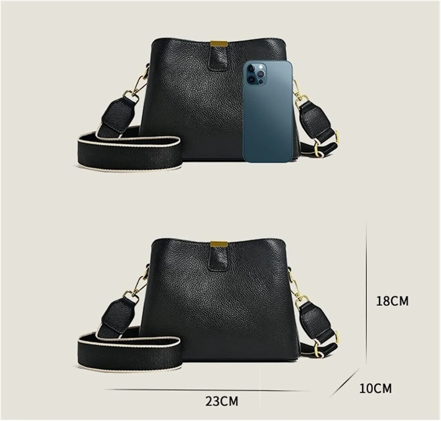 Genuine Leather Women Bucket Shoulder Bag Female Handbag Wide Strap Ladies Crossbody Bags Cowhide Totes Bag For Women(Yellow)