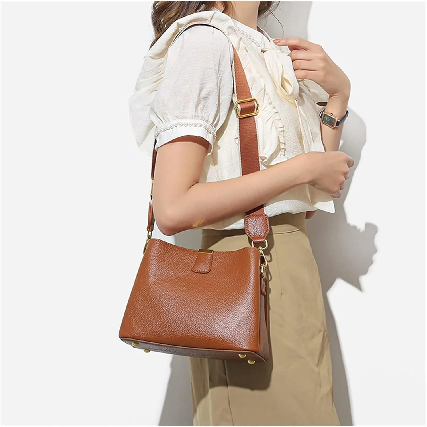 Genuine Leather Women Bucket Shoulder Bag Female Handbag Wide Strap Ladies Crossbody Bags Cowhide Totes Bag For Women(Yellow)