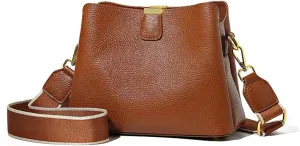Genuine Leather Women Bucket Shoulder Bag Female Handbag Wide Strap Ladies Crossbody Bags Cowhide Totes Bag For Women(Yellow)