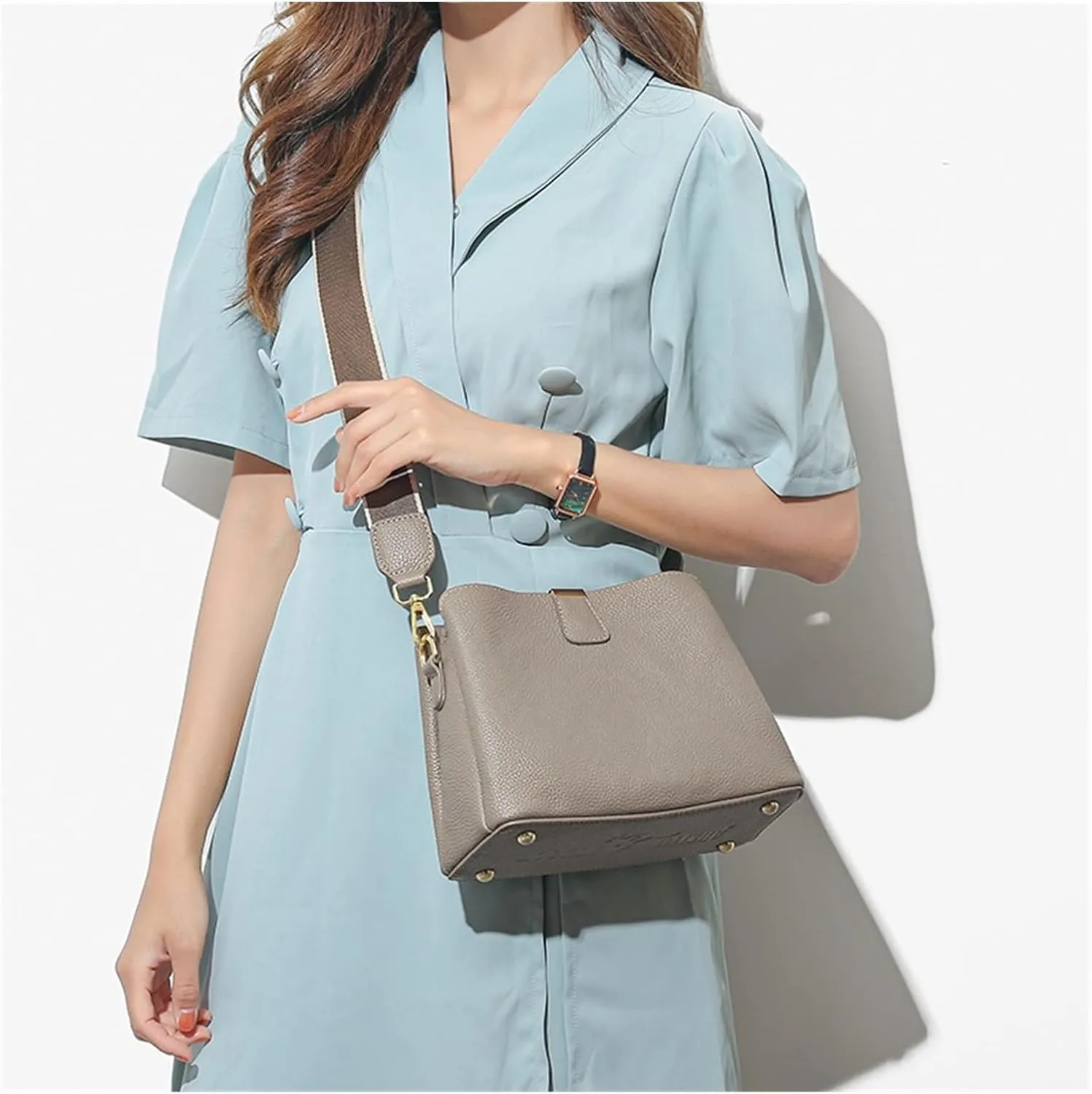 Genuine Leather Women Bucket Shoulder Bag Female Handbag Wide Strap Ladies Crossbody Bags Cowhide Totes Bag For Women(Yellow)