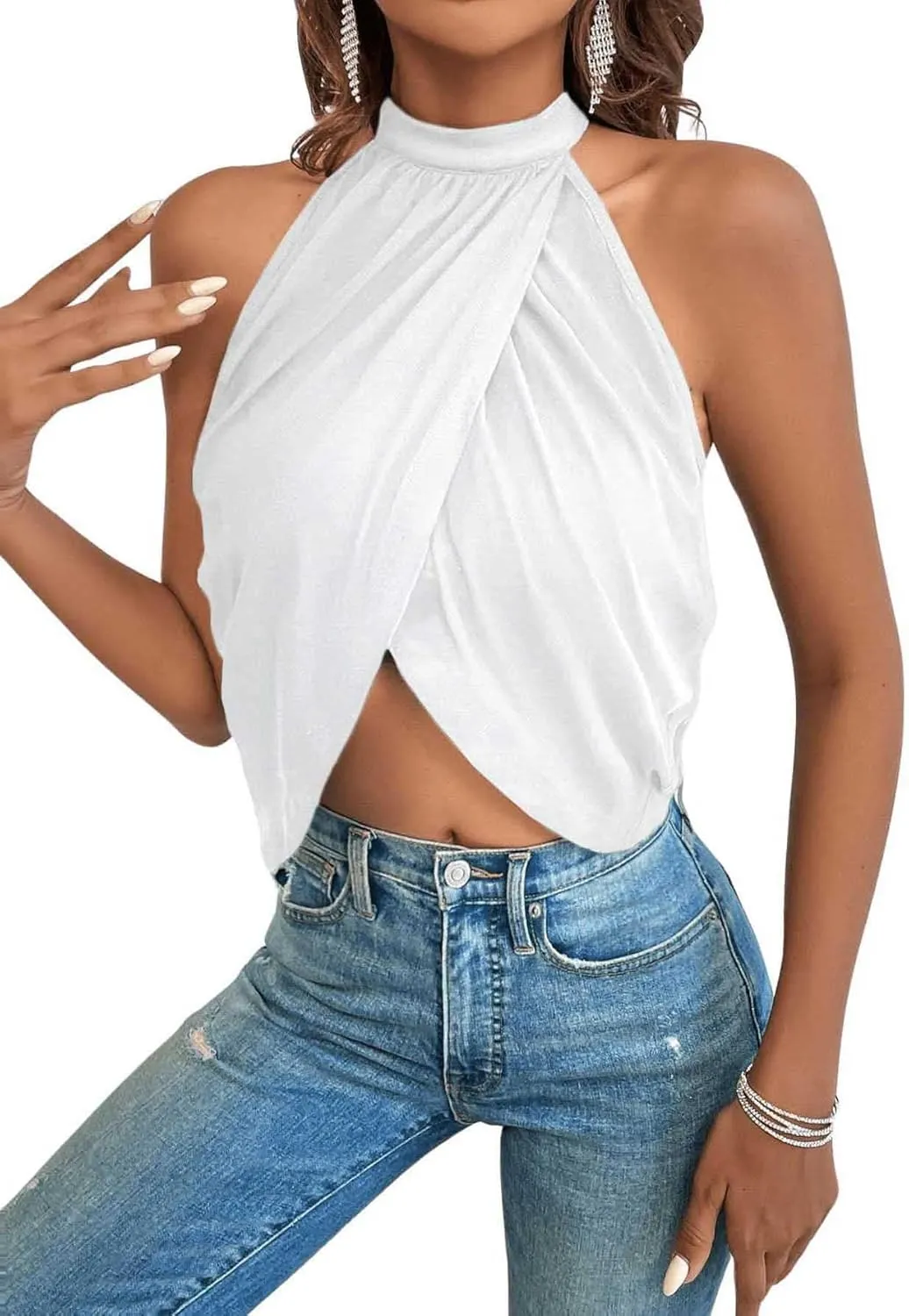 GORGLITTER Women's Rhinestone Open Back Halter Tops Sleeveless Wrap Crop Top Club Going Out Tops