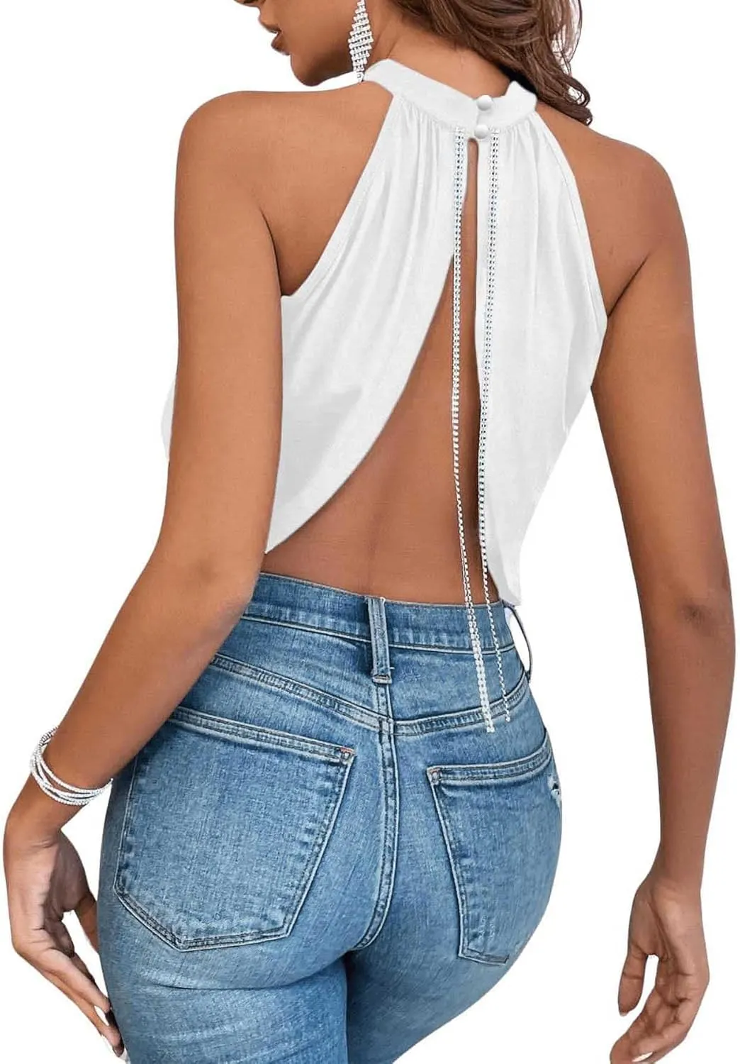 GORGLITTER Women's Rhinestone Open Back Halter Tops Sleeveless Wrap Crop Top Club Going Out Tops