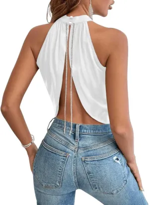 GORGLITTER Women's Rhinestone Open Back Halter Tops Sleeveless Wrap Crop Top Club Going Out Tops