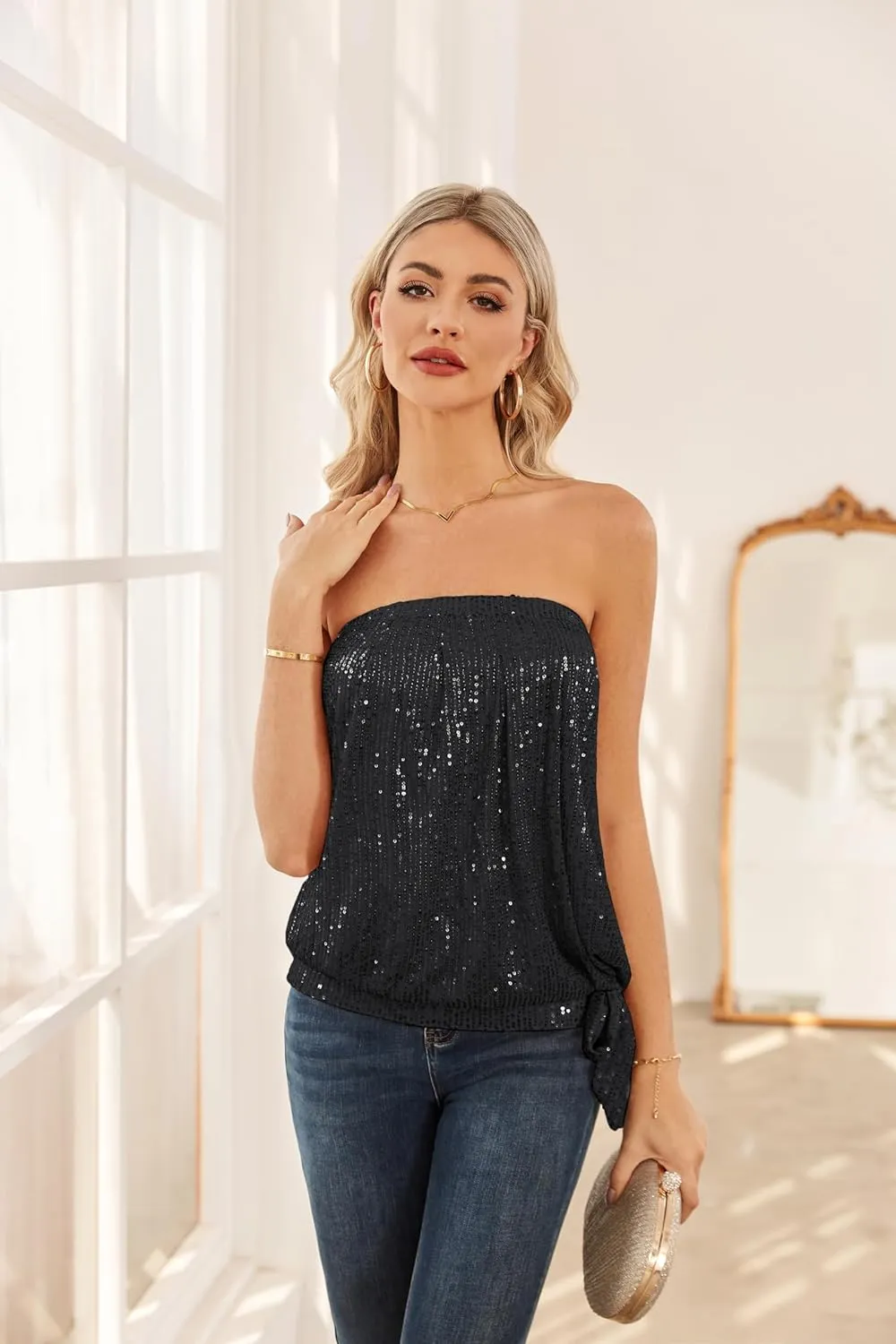 GRACE KARIN Sequin Tops for Women Sparkly Elastic Ruched Twist Knot Tie for Party