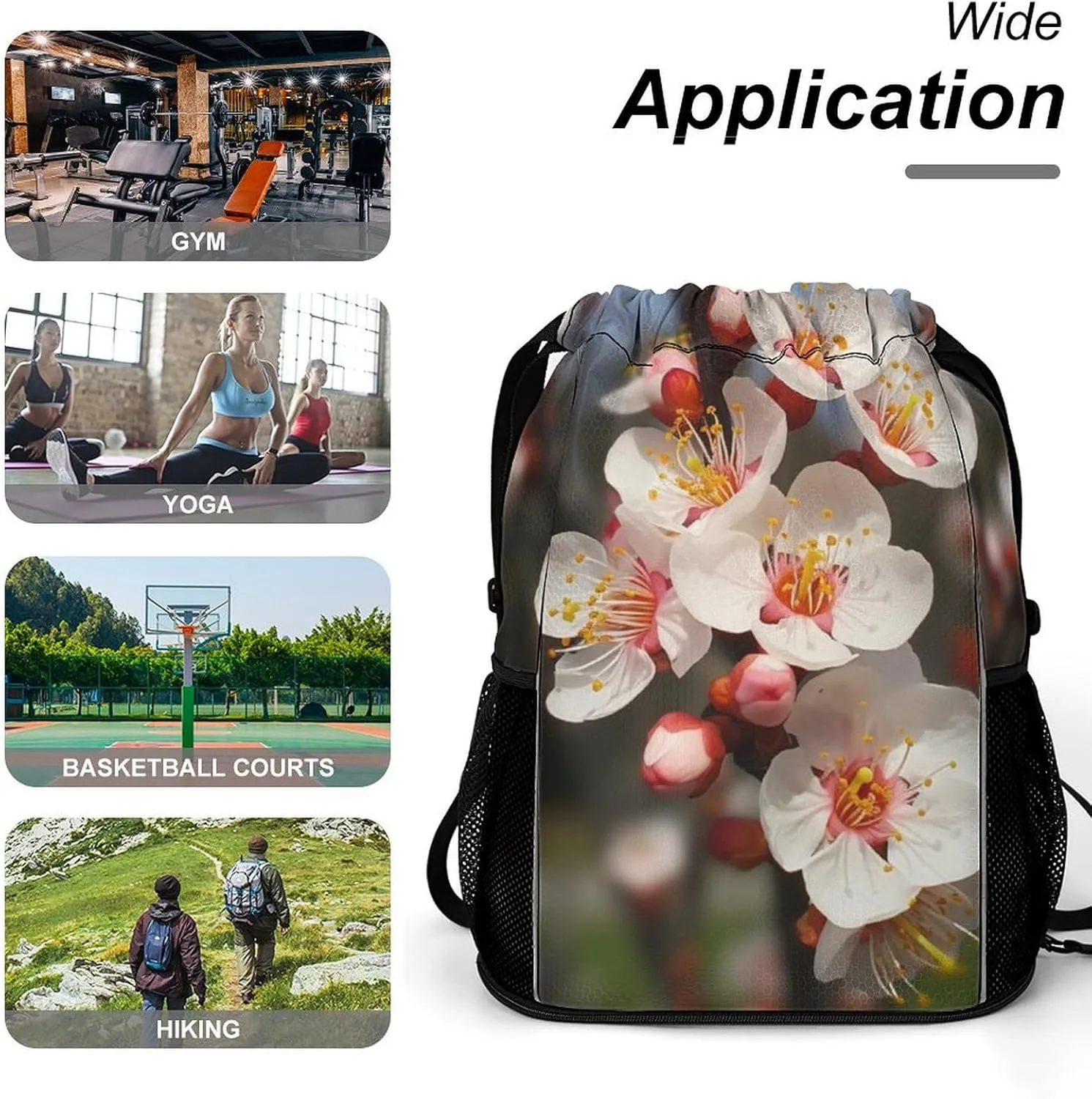 Gym Bag for Women Men Apricot FlowersTravel Duffel Bag Large Capacity Sports Drawstring Backpack