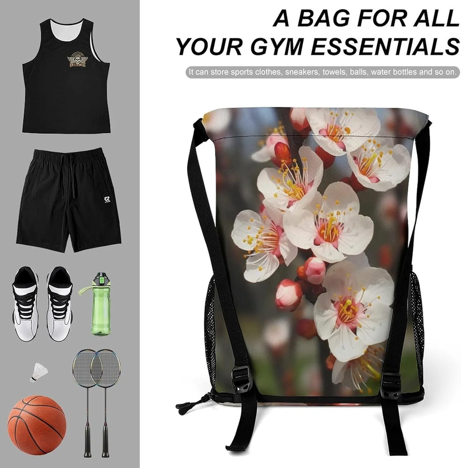 Gym Bag for Women Men Apricot FlowersTravel Duffel Bag Large Capacity Sports Drawstring Backpack