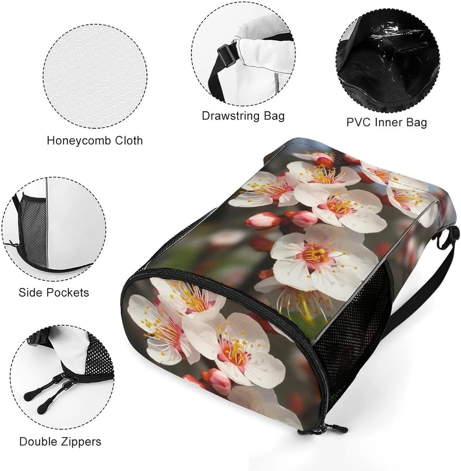 Gym Bag for Women Men Apricot FlowersTravel Duffel Bag Large Capacity Sports Drawstring Backpack