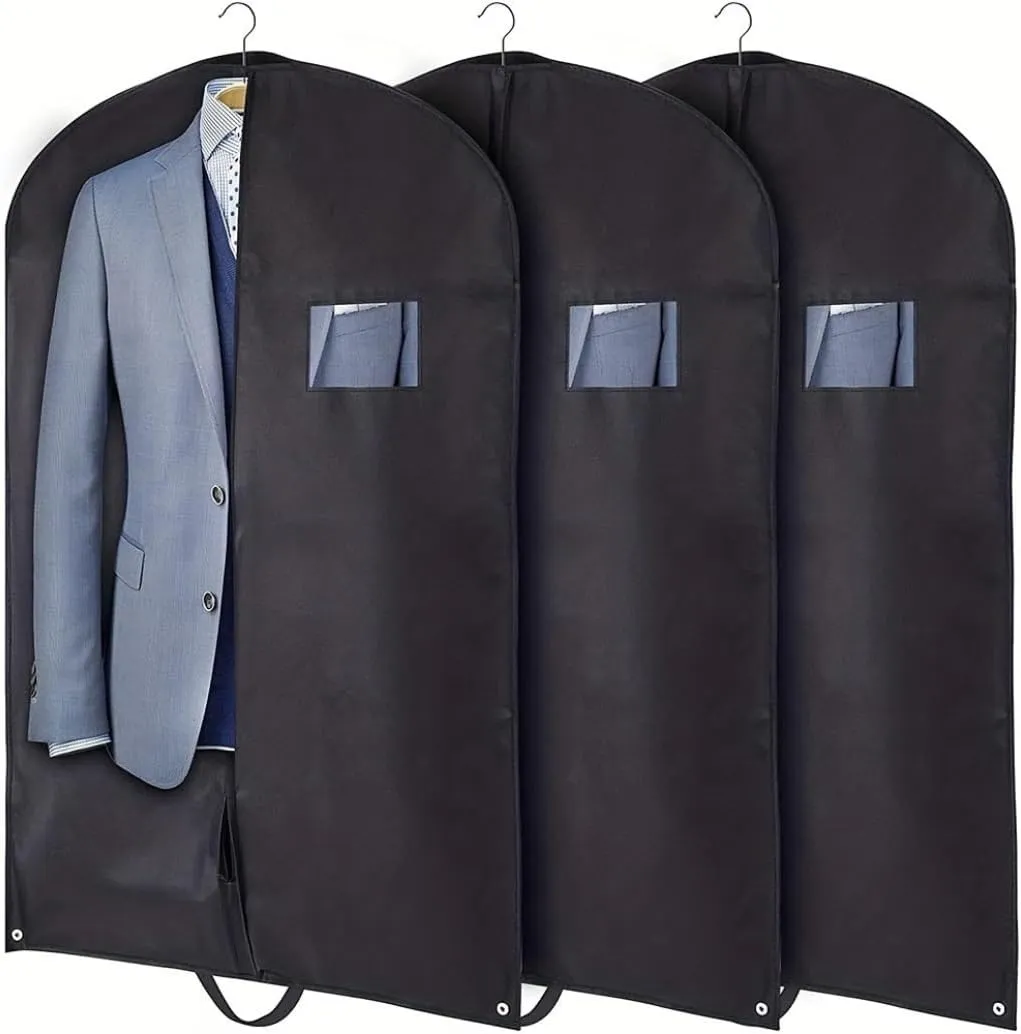 Habrur Clothes Cover 3 Packs Non-woven Garment Bag Hanging Clothes Travel Suit Bag With Clear Window Suit Bags, 60*100cm, Black