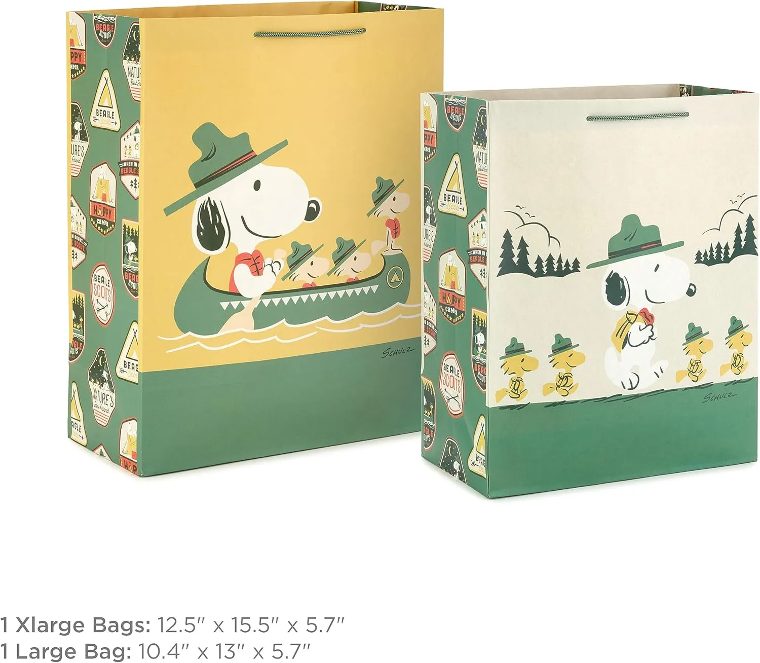 Hallmark Peanuts Gift Bag Bundle (2 Bags: 1 Large 13", 1 XL 15") Snoopy and Woodstock for Father's Day, Birthdays, Summer Camp