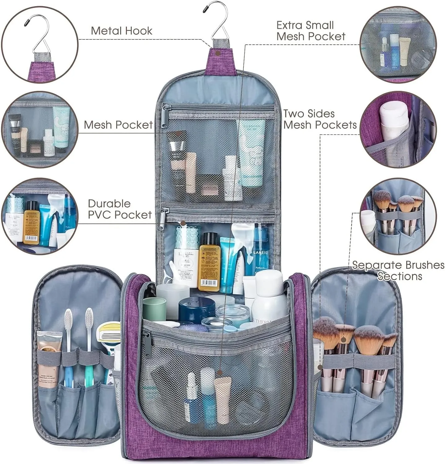 Hanging Toiletry Bag for Women Travel Makeup Bag Organizer Toiletries Bag for Cosmetics Essentials Accessories (Large, Dark Purple)