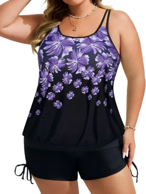 Hanna Nikole Womens Plus Size Tankini Swimsuits Two Piece Tummy Control Bathing Suits Blouson Swim Tank Top with Boy Shorts