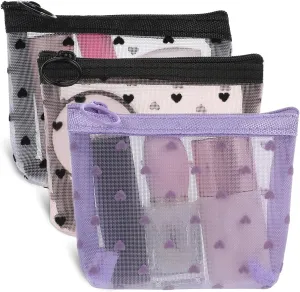 Heart Print Mini Zipper Cosmetic Bags, Cosmetic Accessories Organizer for Lipstick & Makeup, 3Pcs, Small for Purse, 3 Colors