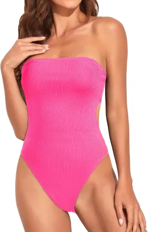 Holipick Ribbed Strapless Cheeky One Piece Swimsuit for Women Bandeau Bathing Suit Sexy Halter High Cut Swimwear