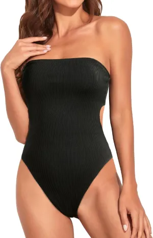 Holipick Ribbed Strapless Cheeky One Piece Swimsuit for Women Bandeau Bathing Suit Sexy Halter High Cut Swimwear