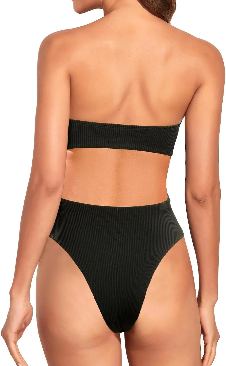Holipick Ribbed Strapless Cheeky One Piece Swimsuit for Women Bandeau Bathing Suit Sexy Halter High Cut Swimwear