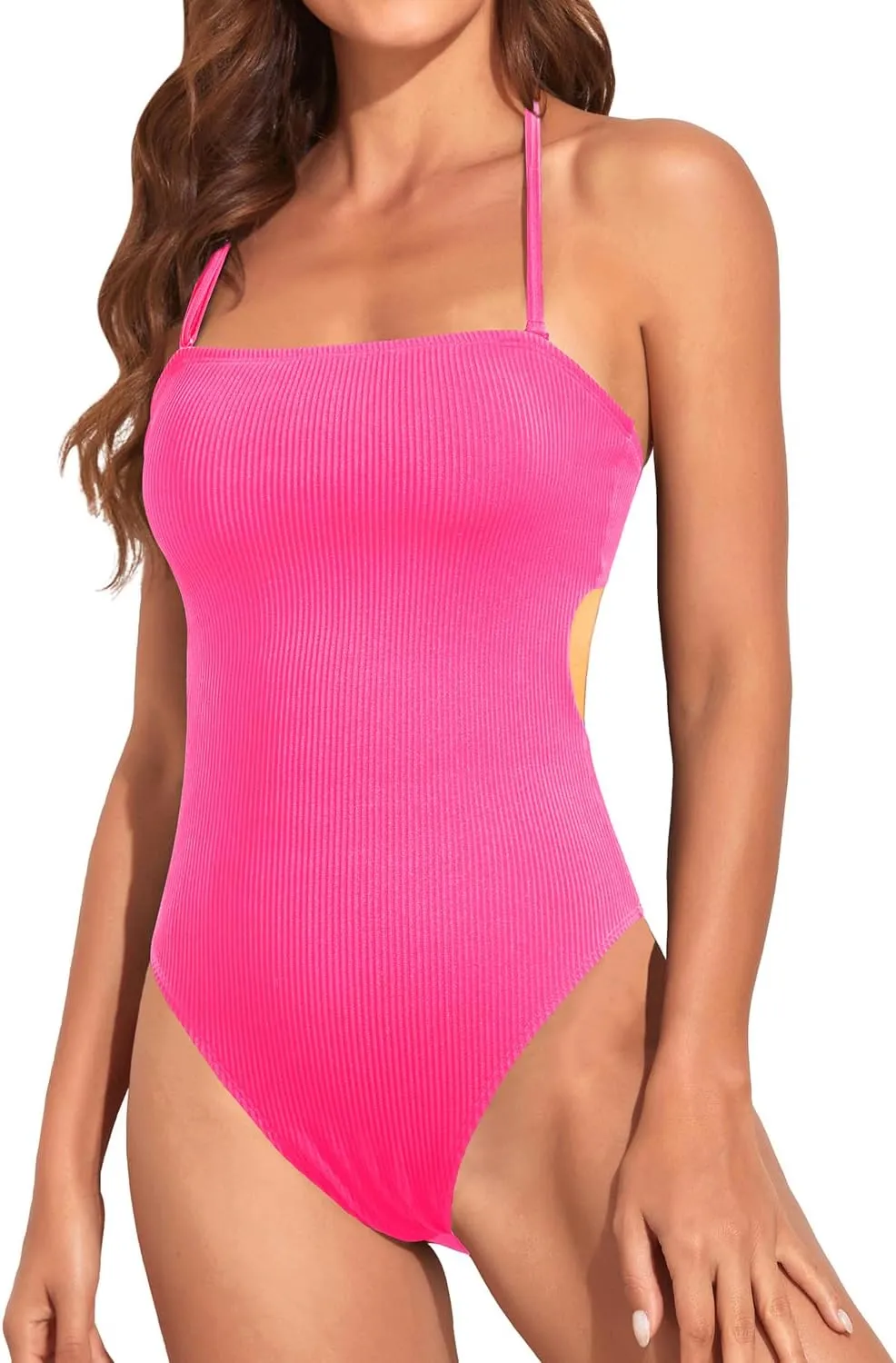 Holipick Ribbed Strapless Cheeky One Piece Swimsuit for Women Bandeau Bathing Suit Sexy Halter High Cut Swimwear
