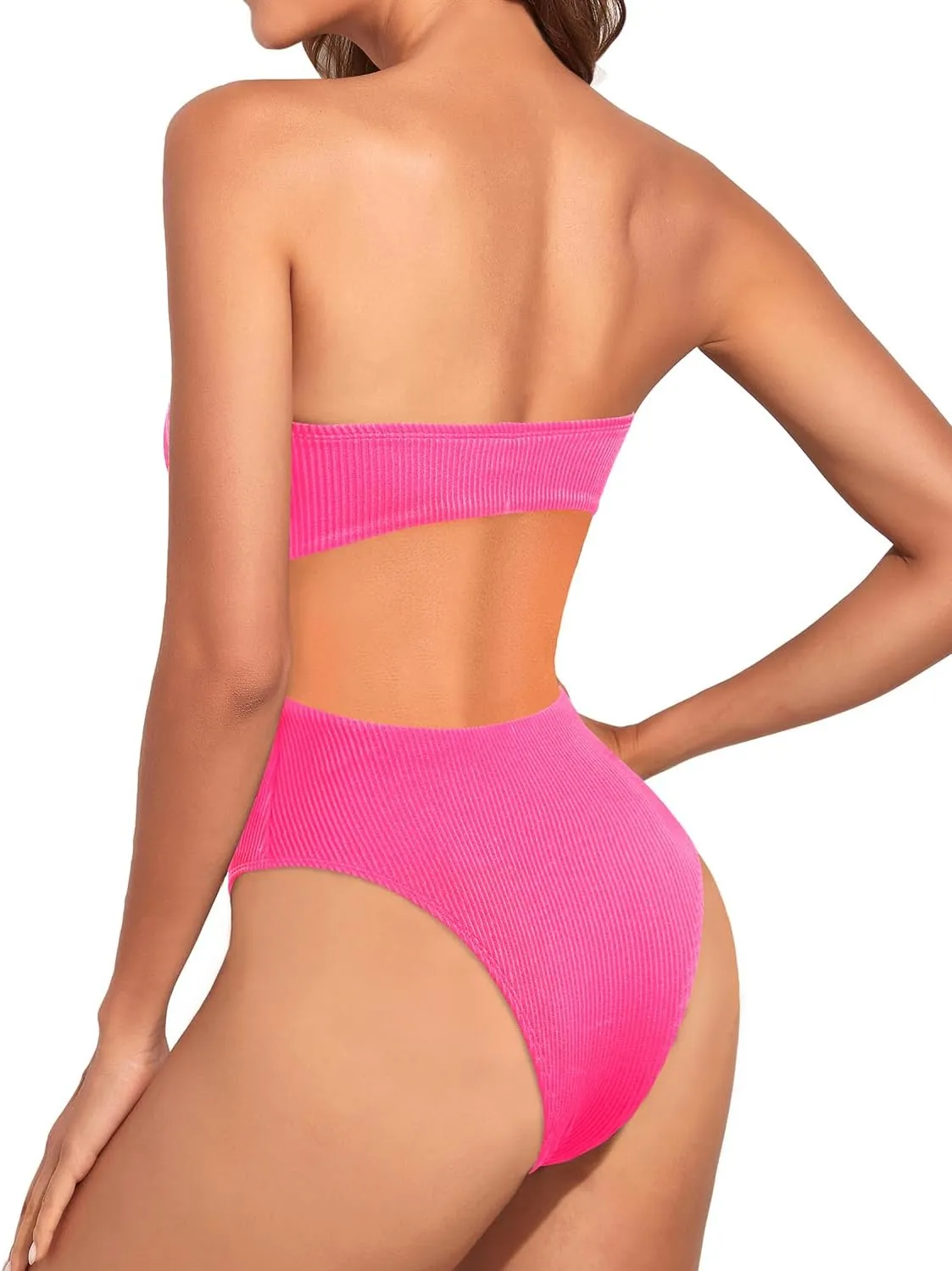 Holipick Ribbed Strapless Cheeky One Piece Swimsuit for Women Bandeau Bathing Suit Sexy Halter High Cut Swimwear