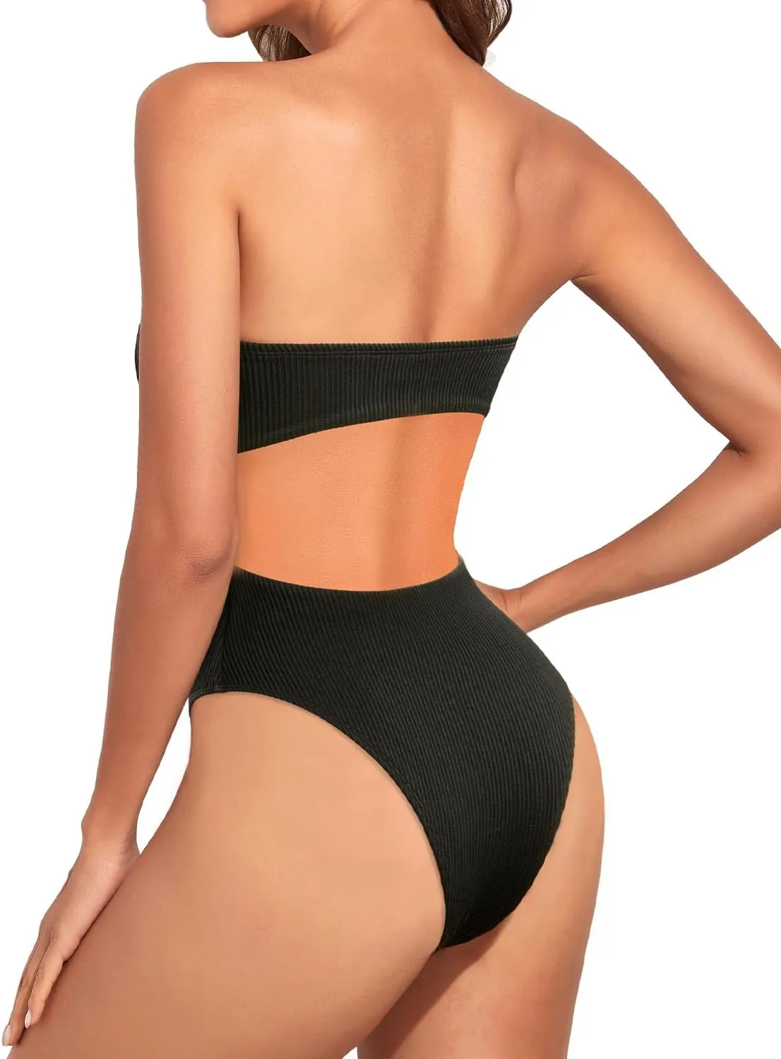 Holipick Ribbed Strapless Cheeky One Piece Swimsuit for Women Bandeau Bathing Suit Sexy Halter High Cut Swimwear