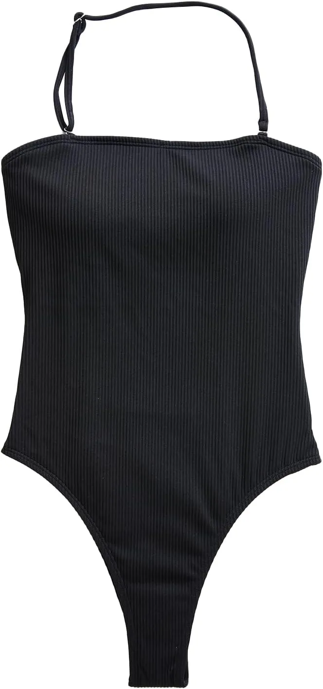 Holipick Ribbed Strapless Cheeky One Piece Swimsuit for Women Bandeau Bathing Suit Sexy Halter High Cut Swimwear