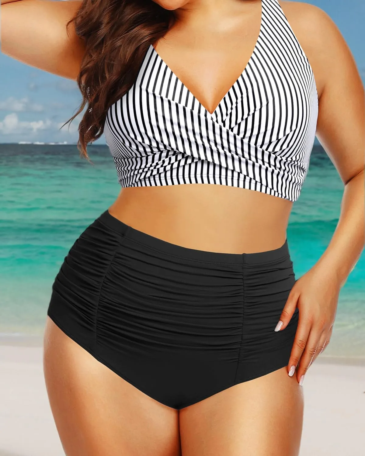 Holipick Two Piece Plus Size Swimsuits for Women High Waisted Bikini Tummy Control Bathing Suits Twist Front Swimwear