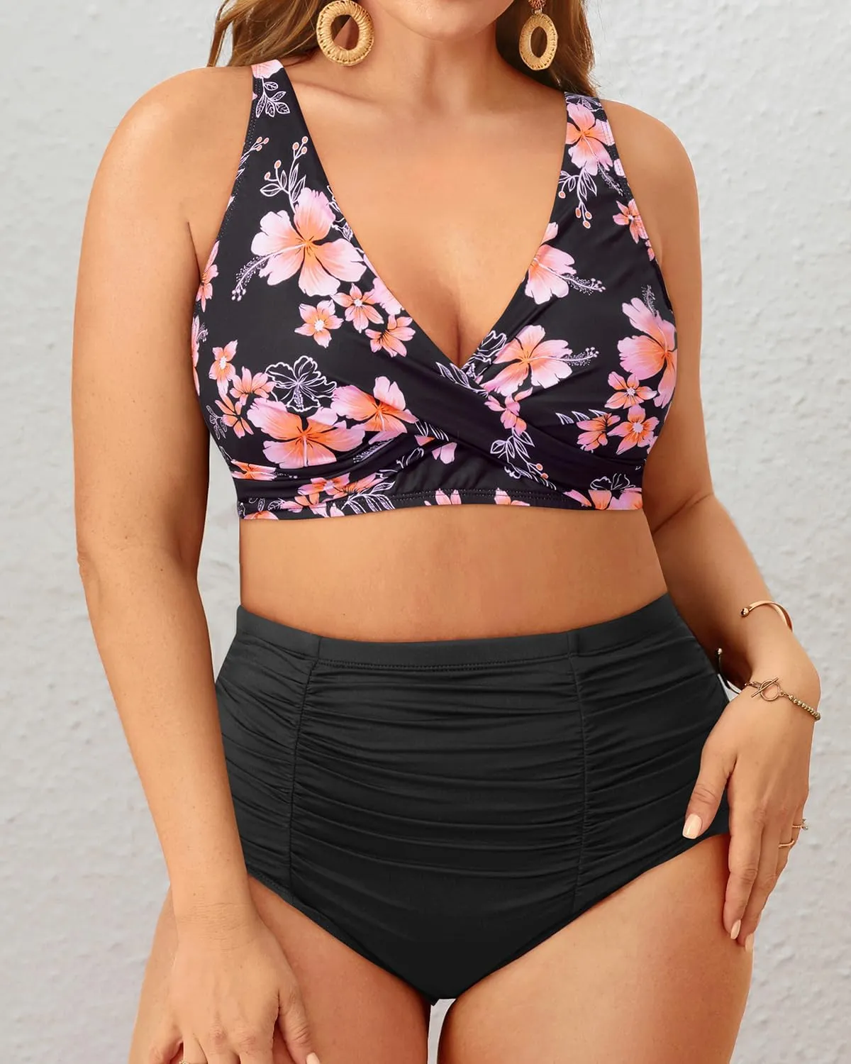 Holipick Two Piece Plus Size Swimsuits for Women High Waisted Bikini Tummy Control Bathing Suits Twist Front Swimwear