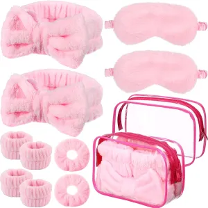Hoteam 10 Pieces Sleepover Party Supplies - 2 Pink Spa Headbands, 2 Wristbands, 2 Plush Sleep Eye Masks, 2 Velvet Scrunchies, 2 Clear Cosmetic Bags for Skin Care, Washing Face, Makeup, Slumber Party