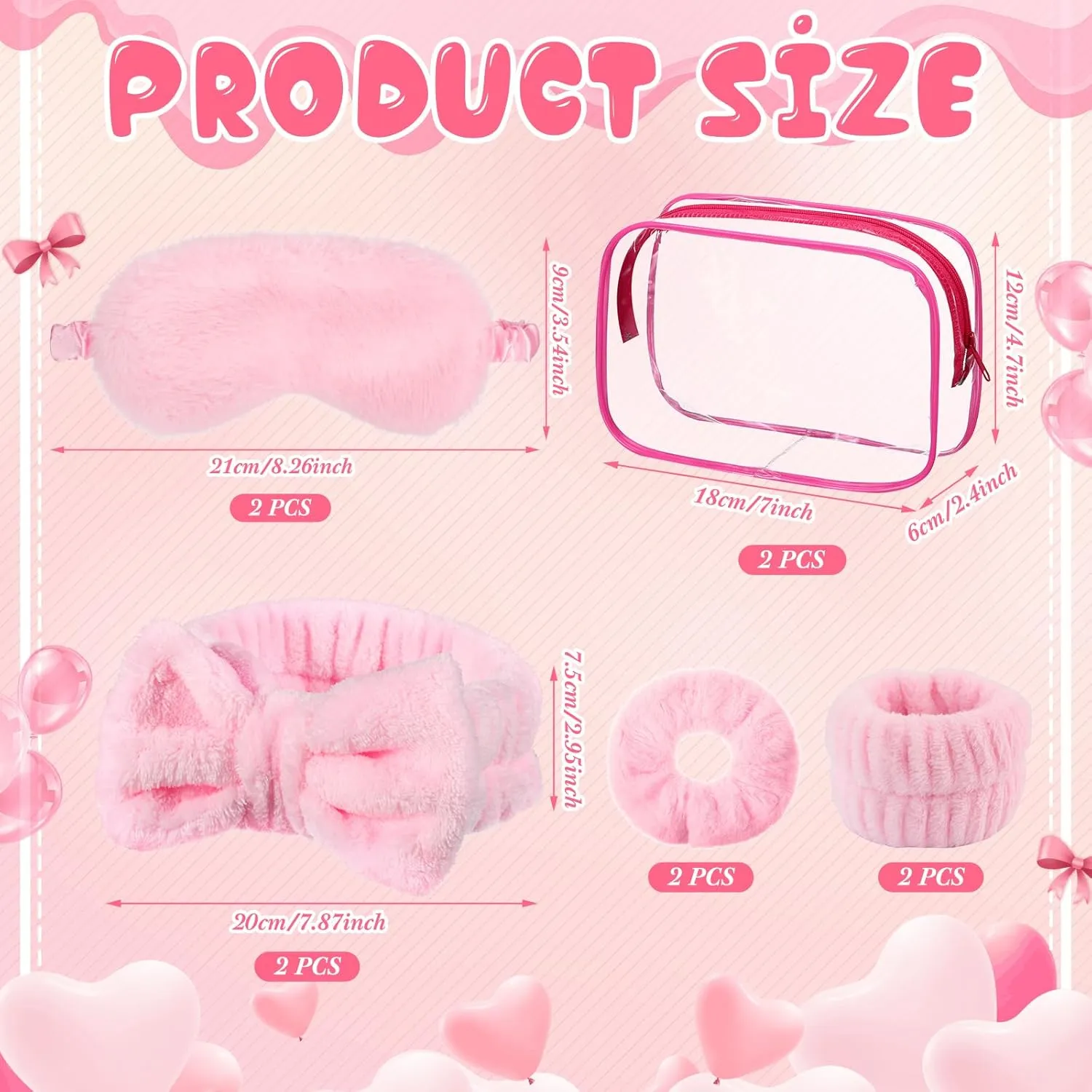 Hoteam 10 Pieces Sleepover Party Supplies - 2 Pink Spa Headbands, 2 Wristbands, 2 Plush Sleep Eye Masks, 2 Velvet Scrunchies, 2 Clear Cosmetic Bags for Skin Care, Washing Face, Makeup, Slumber Party