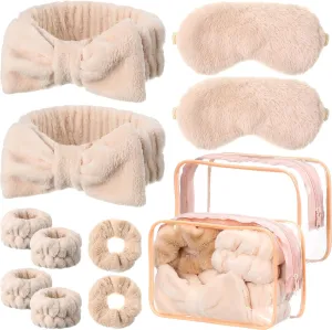Hoteam 10 Pieces Spa Sleepover Party Supplies 2 Spa Headband 2 Wristbands 2 Plush Sleep Eye Mask 2 Velvet Scrunchies 2 Clear Cosmetic Bags for Skin Care Washing Face Makeup Slumber Spa Party (Khaki)