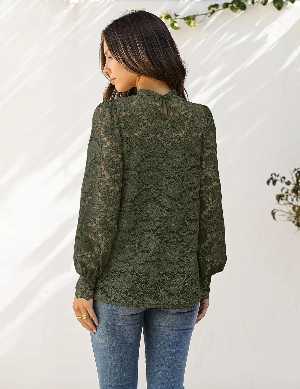 HOTOUCH Womens Lace Tops Mesh Sheer Floral Long Sleeve Mock Neck Casual Dressy Blouse Shirt with Camisole Sexy 2 PCS Set