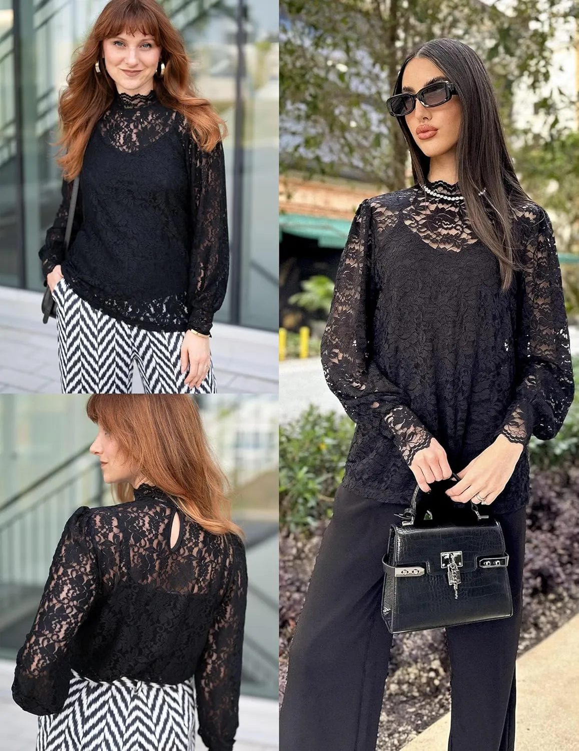 HOTOUCH Womens Lace Tops Mesh Sheer Floral Long Sleeve Mock Neck Casual Dressy Blouse Shirt with Camisole Sexy 2 PCS Set