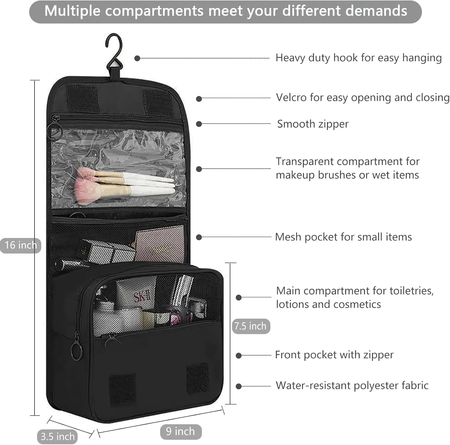 IMCUZUR Hanging Travel Toiletry Bag for Women, Water-resistant Makeup Bag Cosmetic Organizer for Traveling Accessories Toiletries (Black)