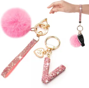 Initial Letter Keychain for Women Girl Bling Rhinestone Sparkly Bag Backpack Purse Charm Cute Pom Pom Key Chain Wristlet