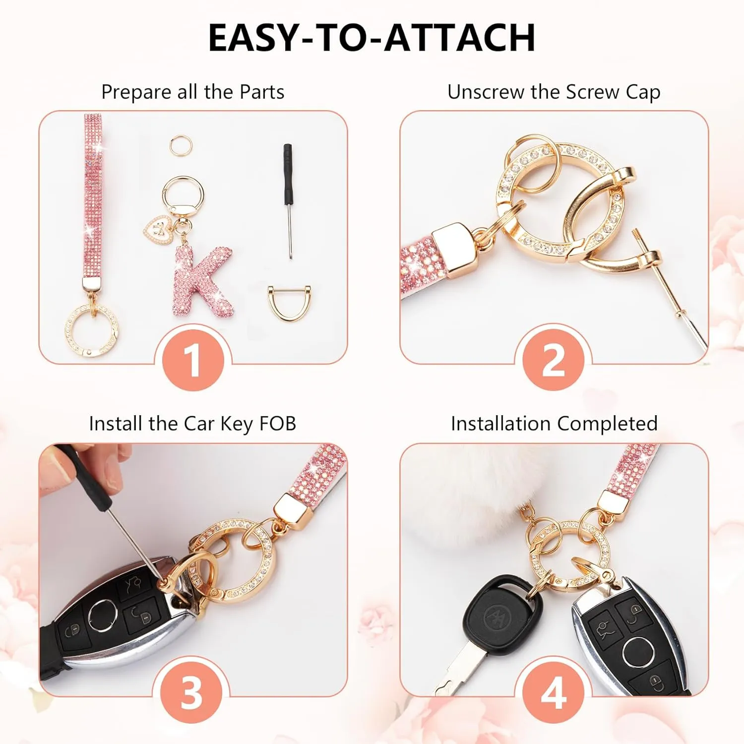 Initial Letter Keychain for Women Girl Bling Rhinestone Sparkly Bag Backpack Purse Charm Cute Pom Pom Key Chain Wristlet