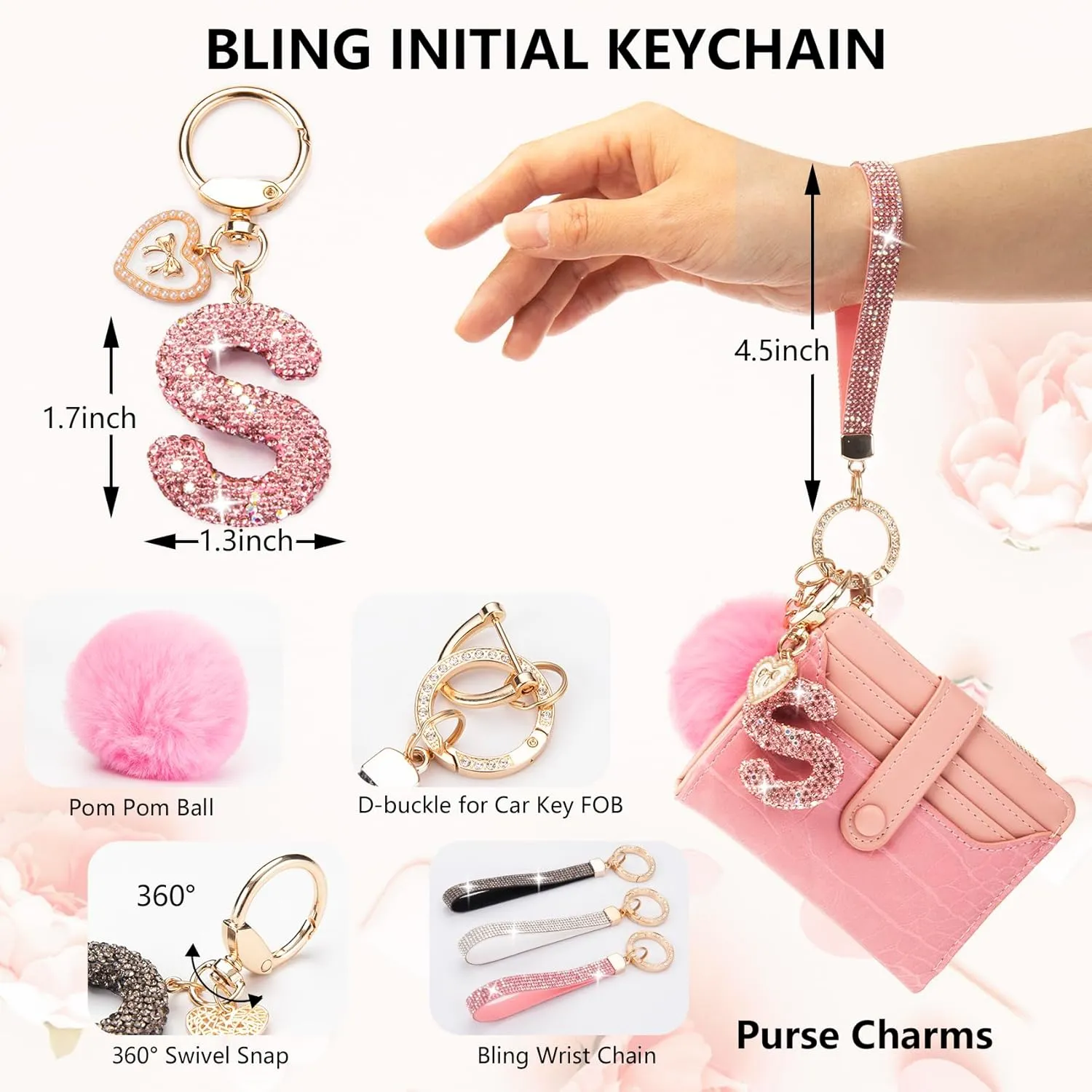 Initial Letter Keychain for Women Girl Bling Rhinestone Sparkly Bag Backpack Purse Charm Cute Pom Pom Key Chain Wristlet