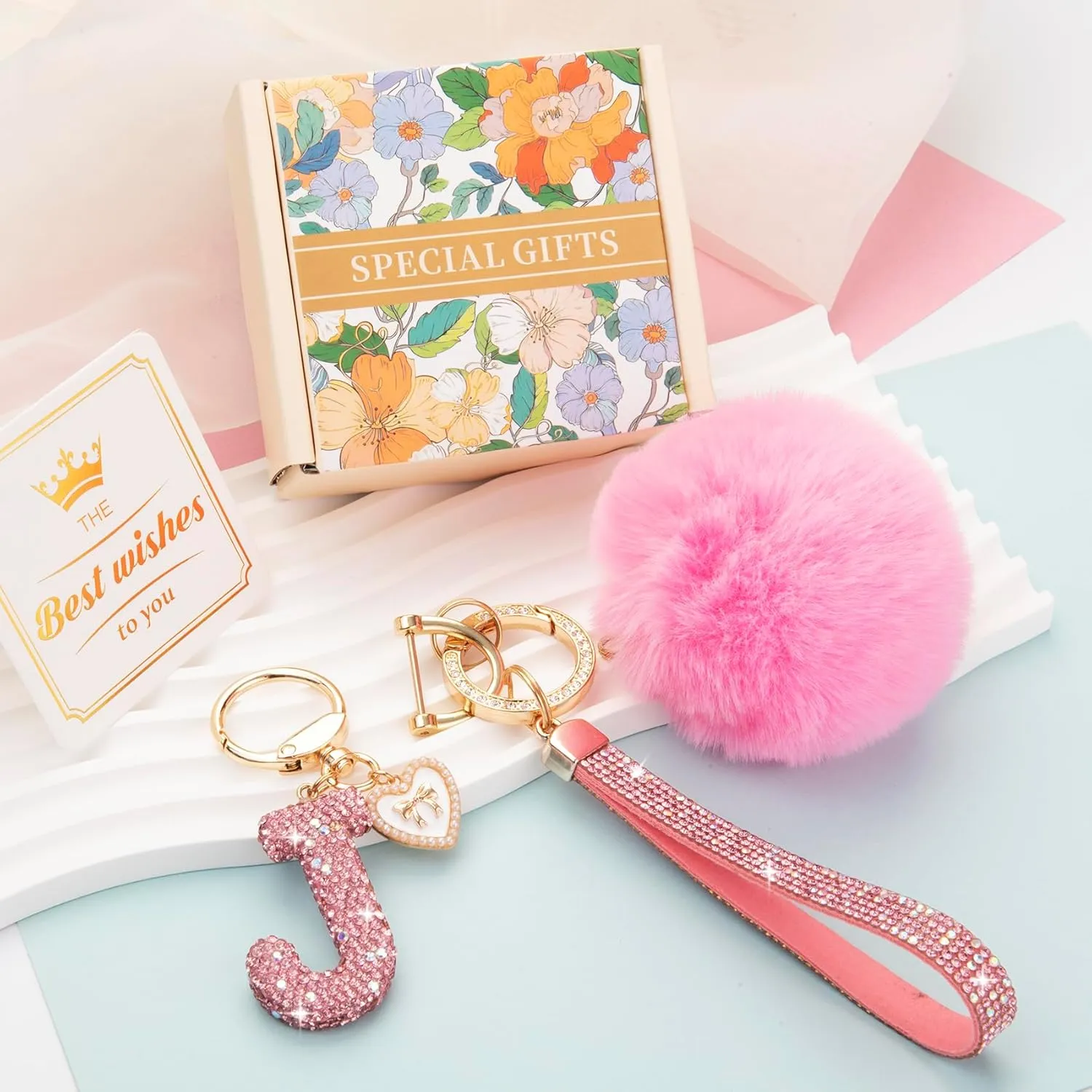 Initial Letter Keychain for Women Girl Bling Rhinestone Sparkly Bag Backpack Purse Charm Cute Pom Pom Key Chain Wristlet