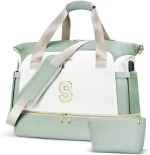 Initials Travel Bag for Women, Personalized Gym Bag with Shoes Compartment, Travel Duffel Bag with USB Charging Port, Weekender Overnight Bag for Women, Travel, Gym, Yoga Beige - A