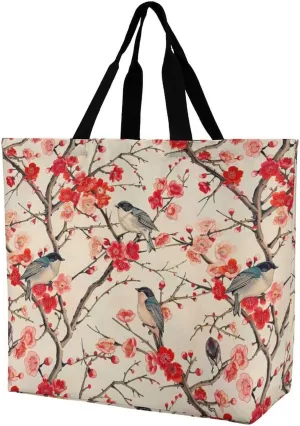 Japanese Art Birds Cherry Women's Shoulder Shopping Bags Foldable Tote Bag Large Capacity Handbag for Work Travel