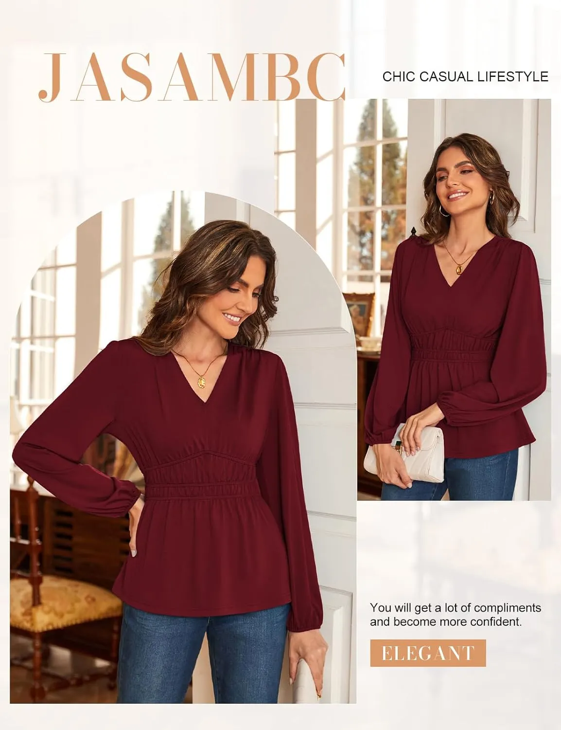 JASAMBAC Women's Elegant V Neck Peplum Tops Shirred Elastic Waist Long Sleeve Shirts Wrap Casual Business Work Blouses